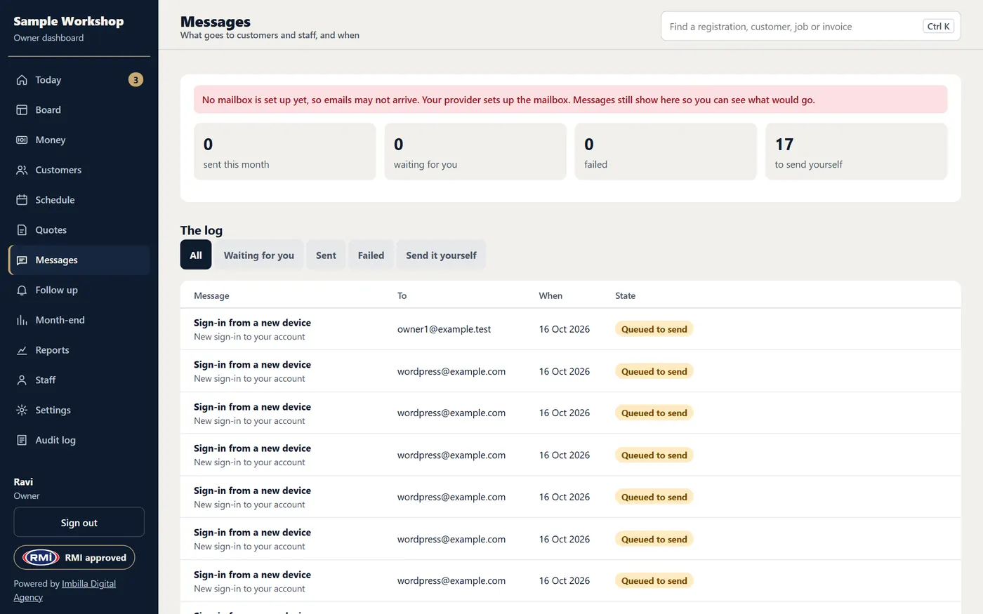 The Messages page: counts, the log and a switch for each message