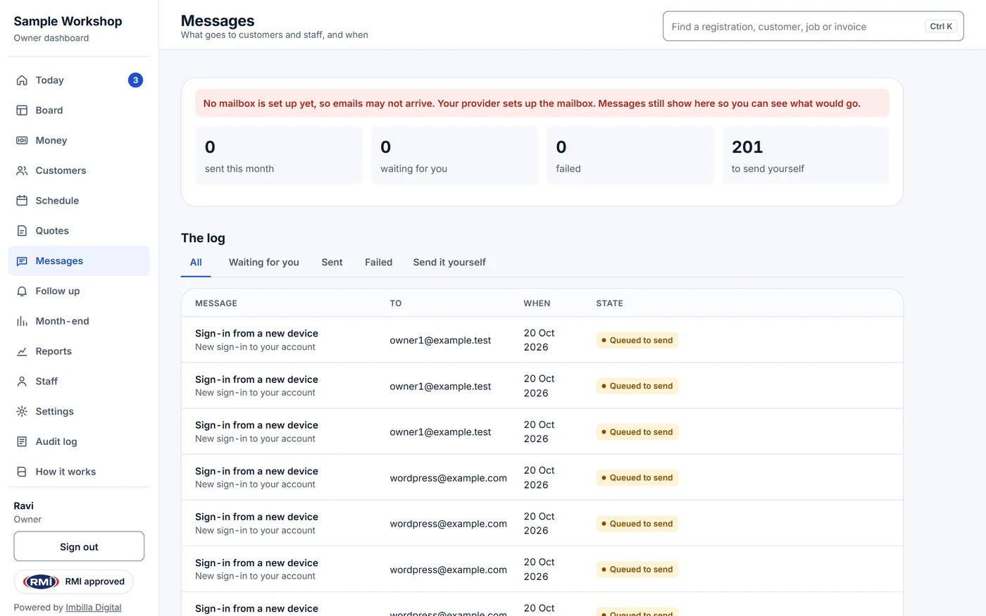 The Messages page: counts, the log and a switch for each message