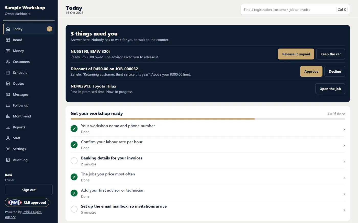 The owner's Today page: what needs you, the get-ready checklist and the day's figures