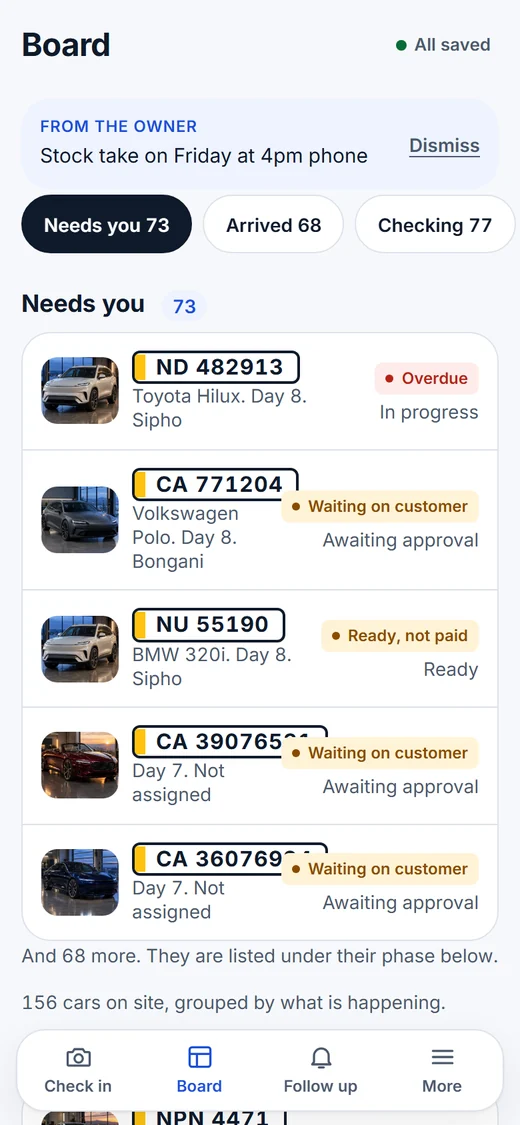 The board: every car with its photo, plate and status