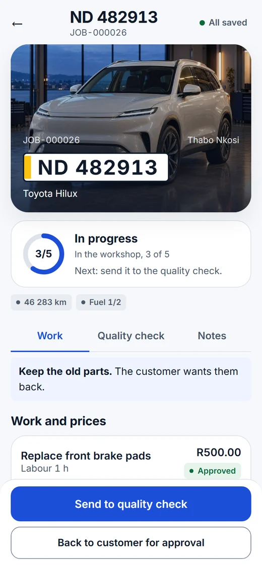 A job card that opens on the customer's car, with the plate, a progress ring and the work and prices