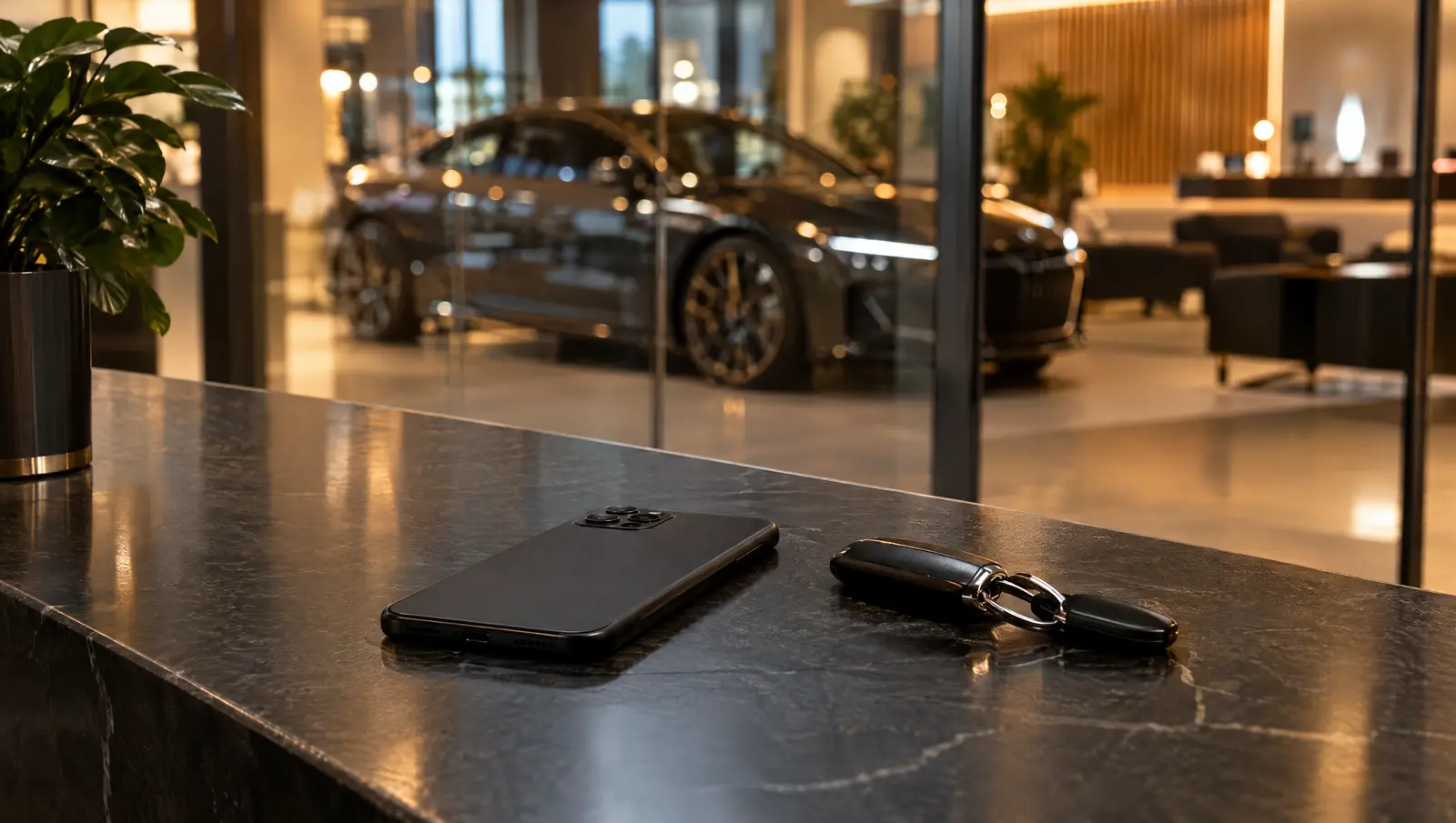 A premium workshop counter with a phone and car keys, a car behind glass