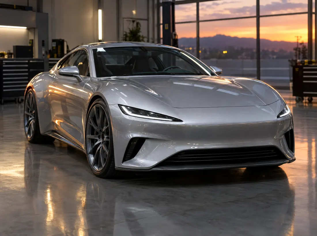 A silver sports coupe in a clean workshop bay at dusk, with its job card on top