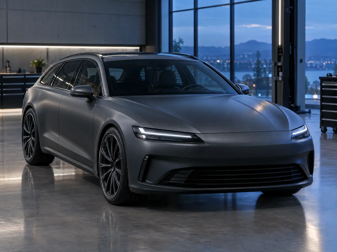 A graphite estate car in the workshop