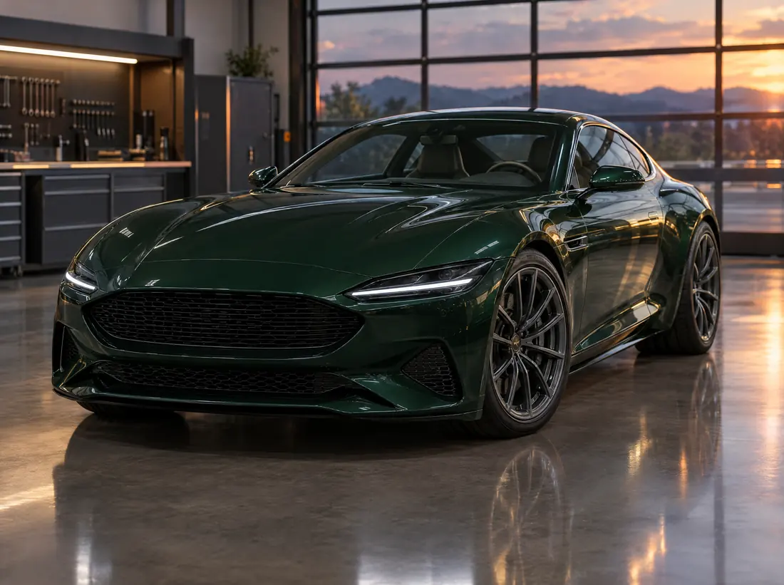 A racing green coupe in the workshop