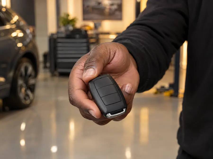 A hand holding out a car key