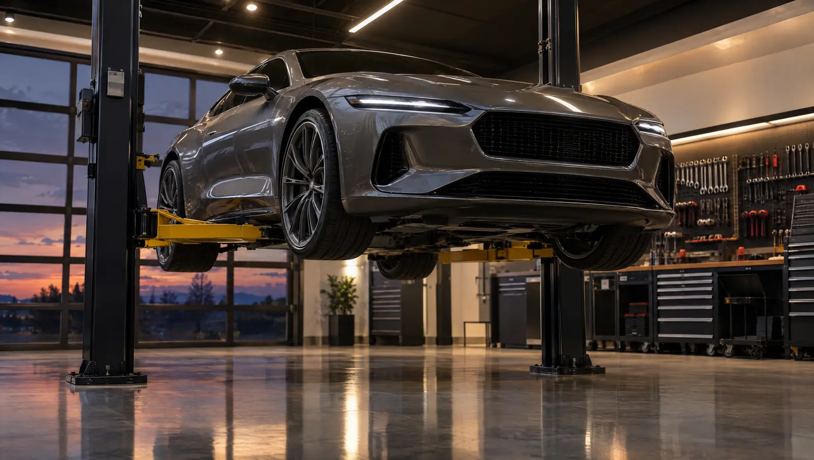 A luxury car on a lift in a clean workshop bay at dusk
