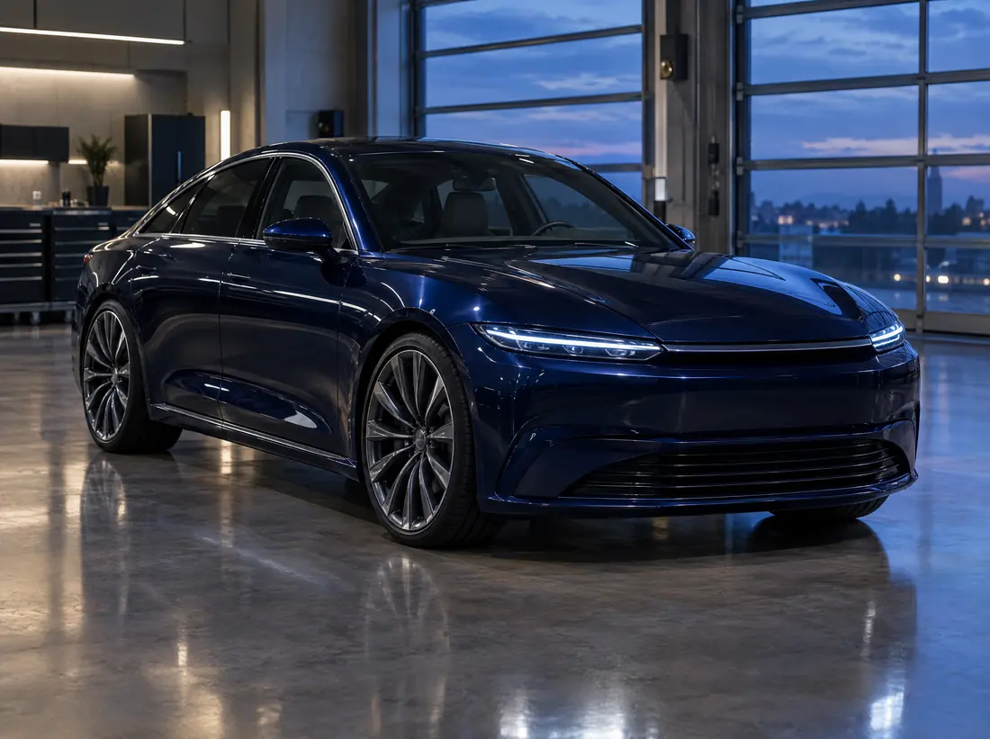 A dark blue luxury saloon in the workshop