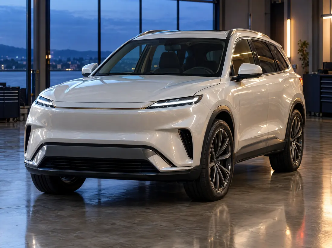 A white luxury SUV in the workshop