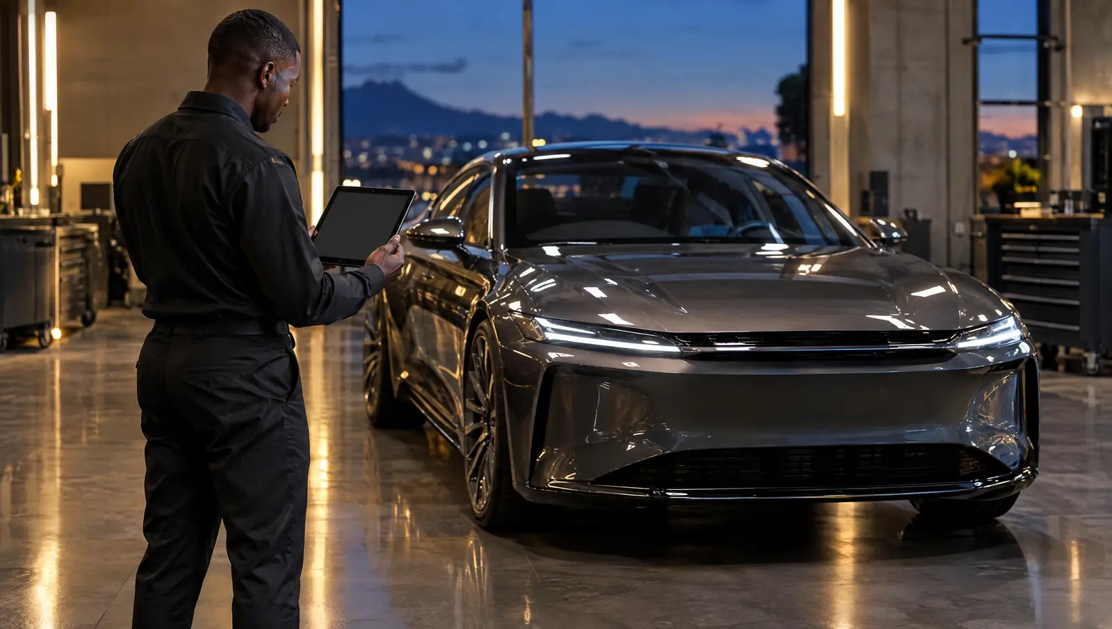 A technician checking a luxury car with a tablet