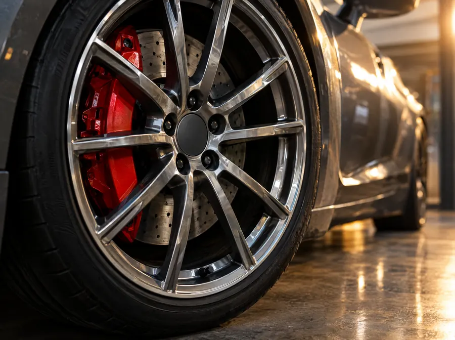 A wheel and red brake caliper up close