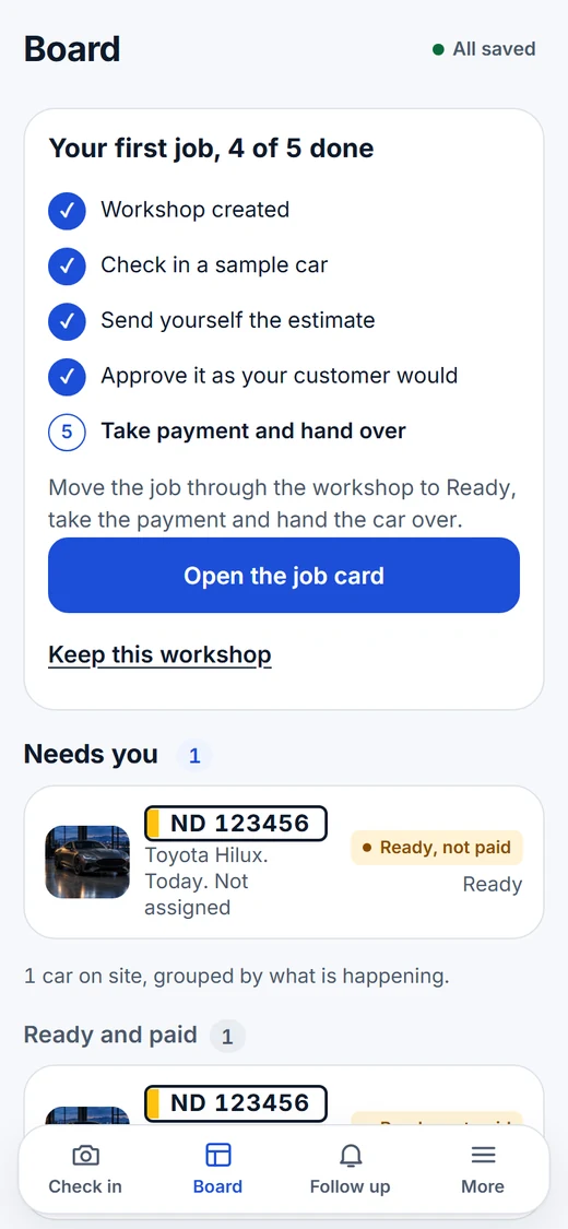 The board on a phone: cars that need you, then cars grouped by phase