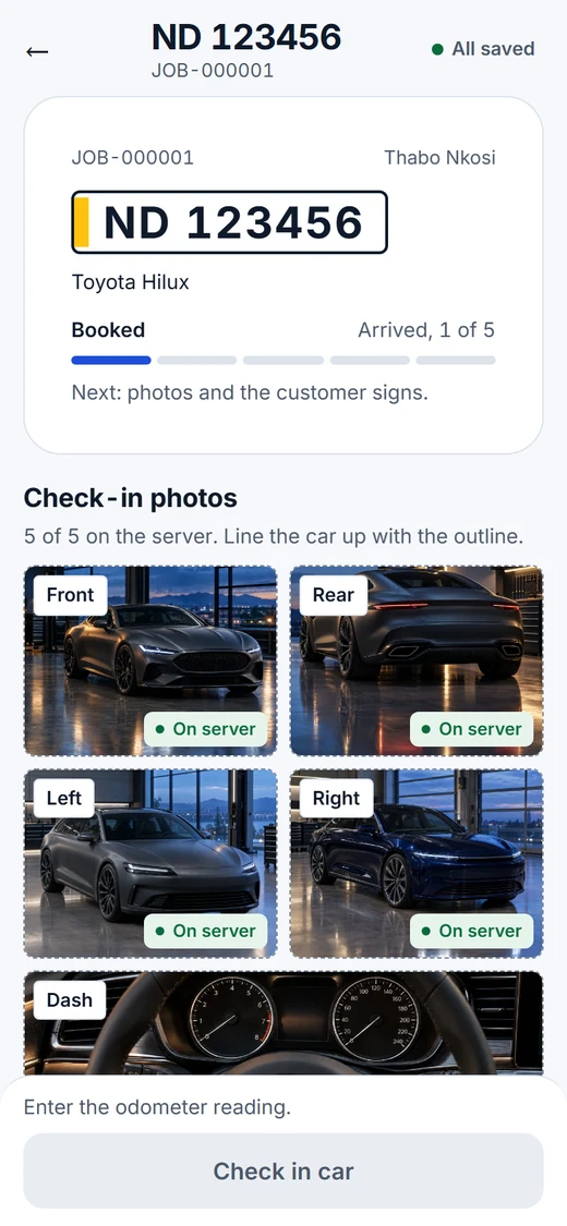 Check-in screen with five photos of a white bakkie: front, rear, left, right and dash