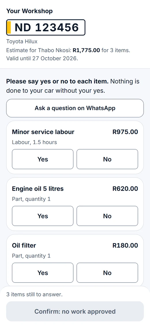 The customer's estimate with a Yes and No under each item