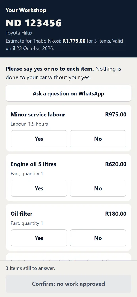 The customer's estimate on a phone: each item with its price and a Yes and No button