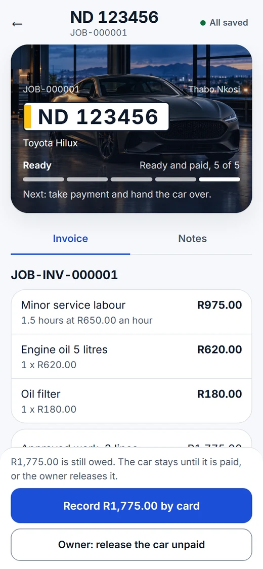 The invoice with each line, the amount still owed and a button to record the payment