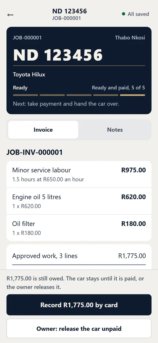 The invoice with each line, the amount still owed and a button to record the payment